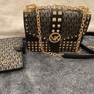 Michael Kors Black and Gold Crossbody Bag with Studded Details